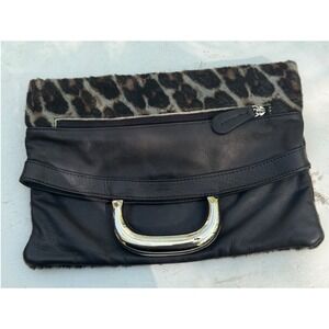 Maurizio Taiuti Leopard Calf Hair Black Leather Foldover Clutch Made in Italy